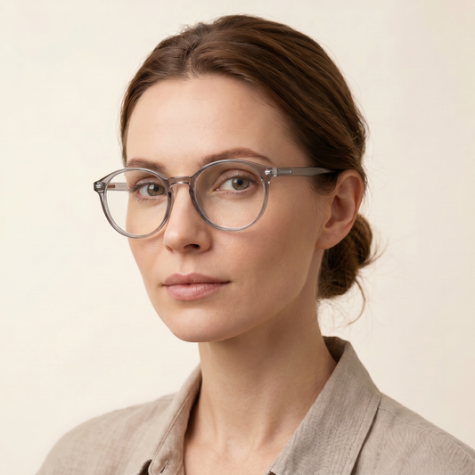 Femme portant Diane lunettes lecture ronde grise Laurel Eyewear