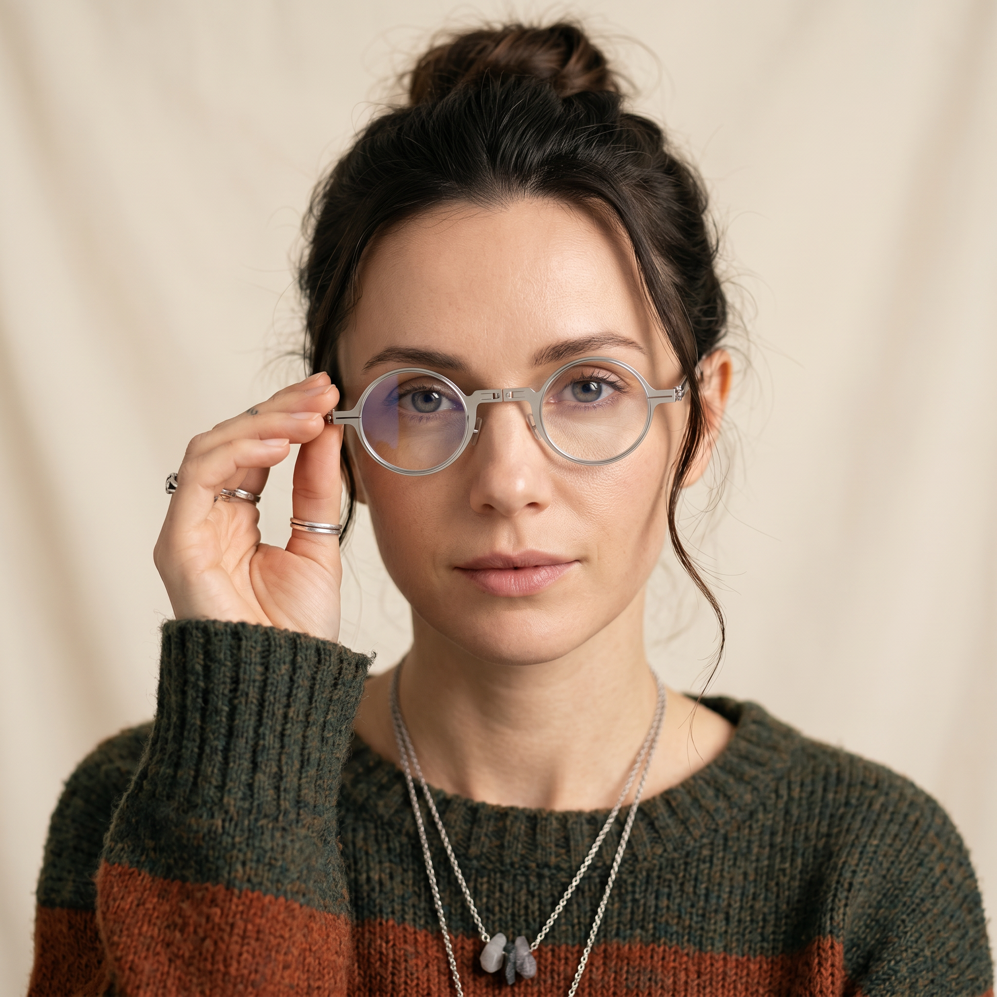 Femme portant Iris lunettes lecture pliantes rondes argentées Laurel Eyewear