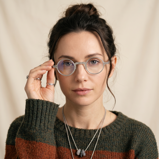 Femme portant Iris lunettes lecture pliantes rondes argentées Laurel Eyewear