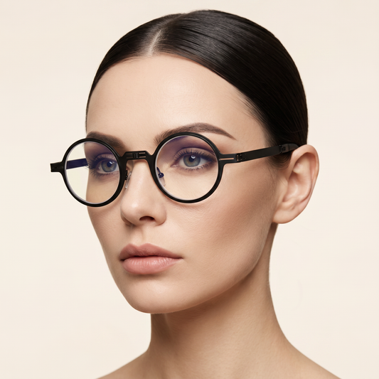 Femme portant Joséphine lunettes lecture pliantes rondes Laurel Eyewear